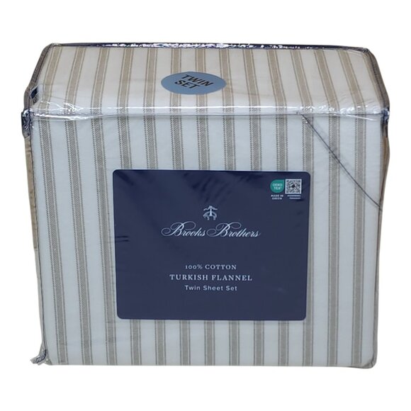 Brooks Brothers Turkish Flannel Twin Sheet Set 100% Cotton Striped Beige - Picture 6 of 6
